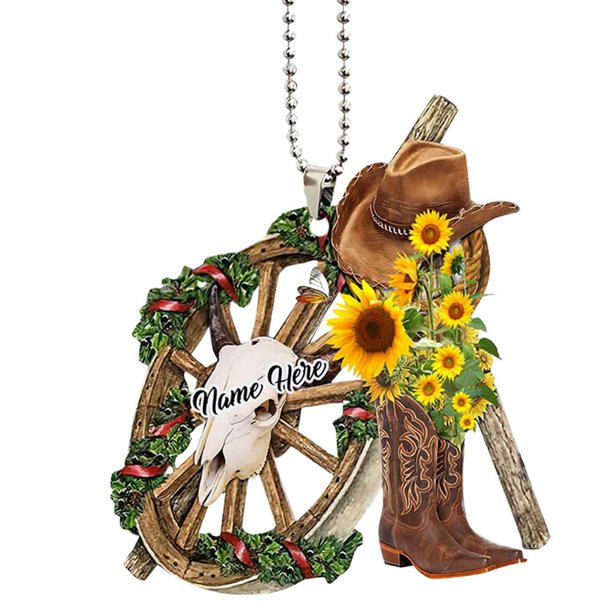 Personalized Cowboy Cowgirl Sunflower Hat Boots Car Hanging